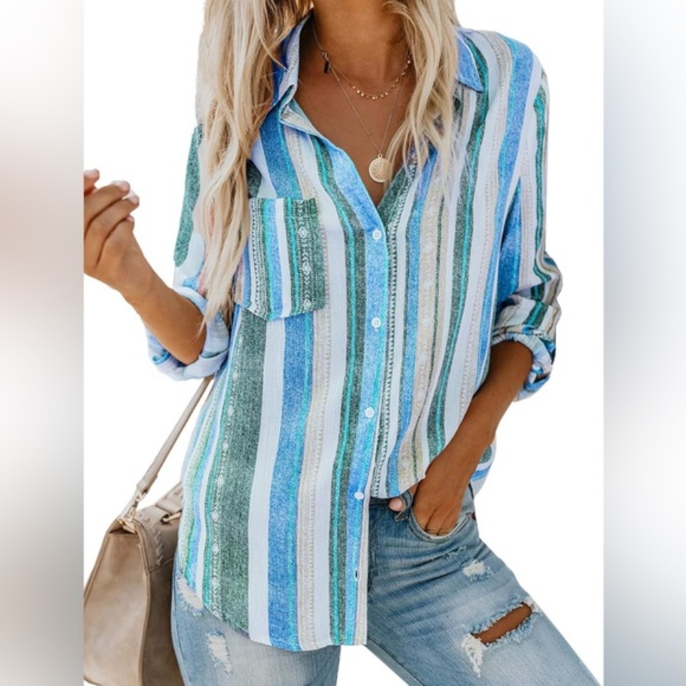 NWOT Striped Blue Green Aztec Print Button Down Shirt Roll Tab Sleeves S - Picture 3 of 14